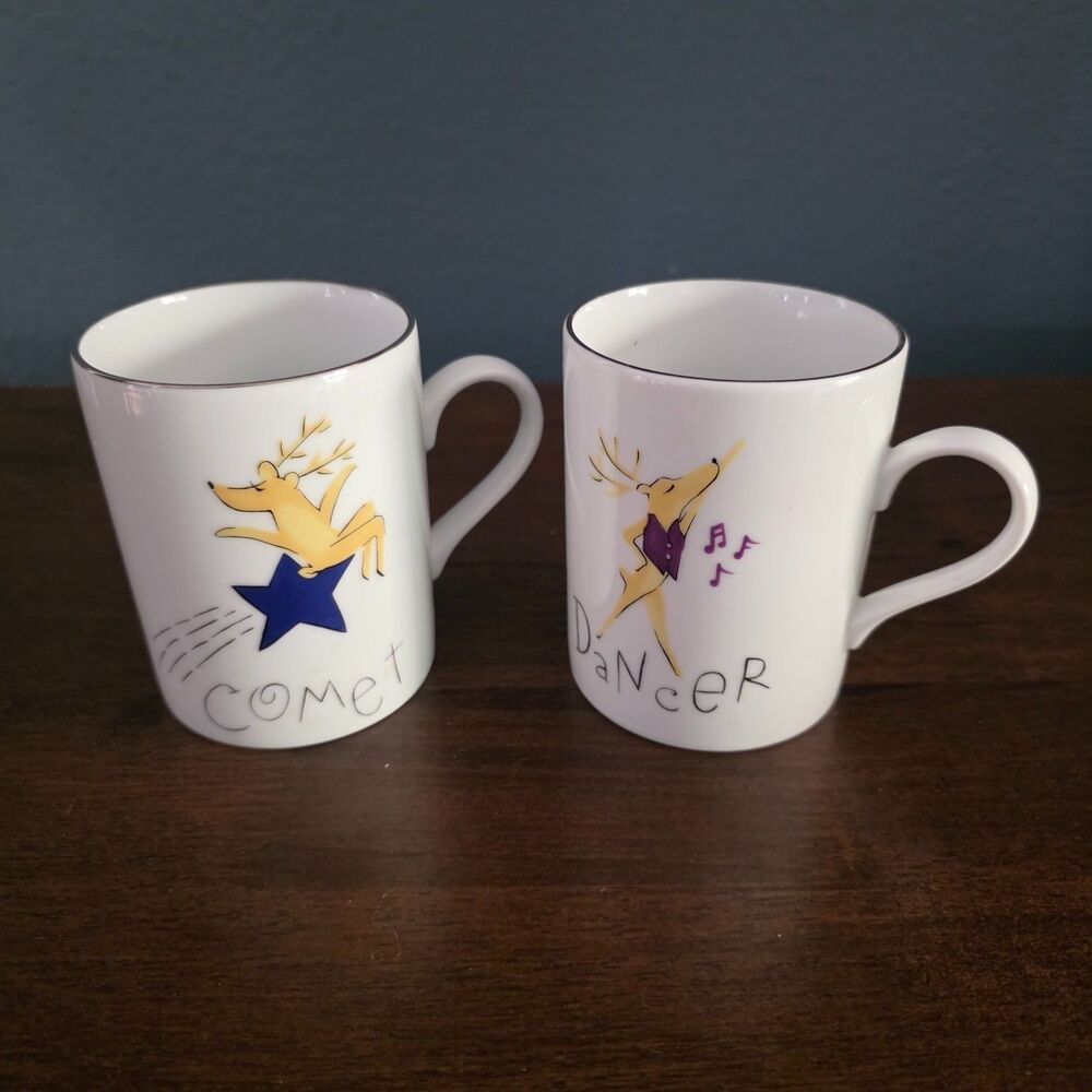 Vintage 2 Pottery Barn Christmas Reindeer Mugs Dancer Comet w/Silver Rims